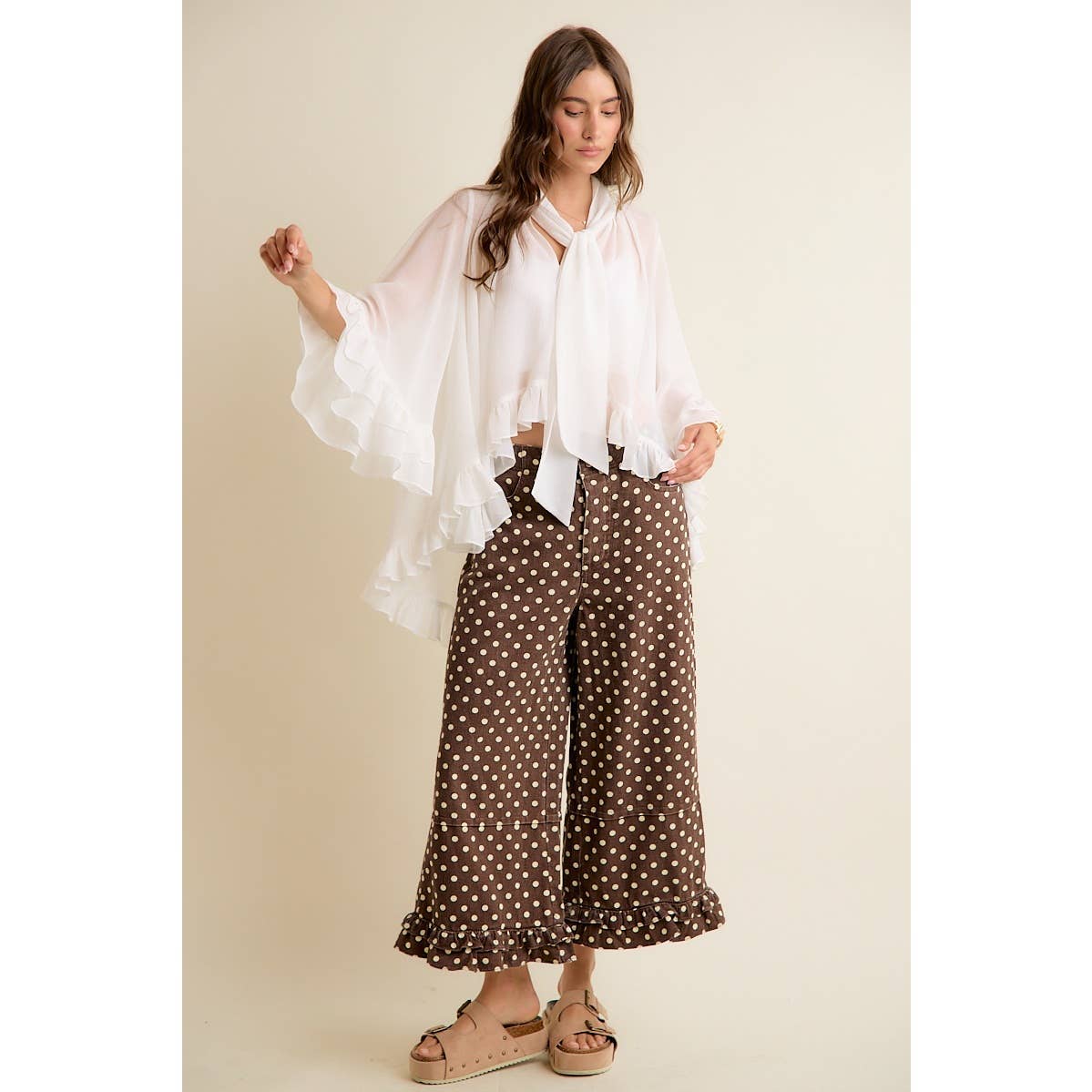 SHEER RUFFLE BELL SLEEVES BOW TIE FLOWY BLOUSE TOP