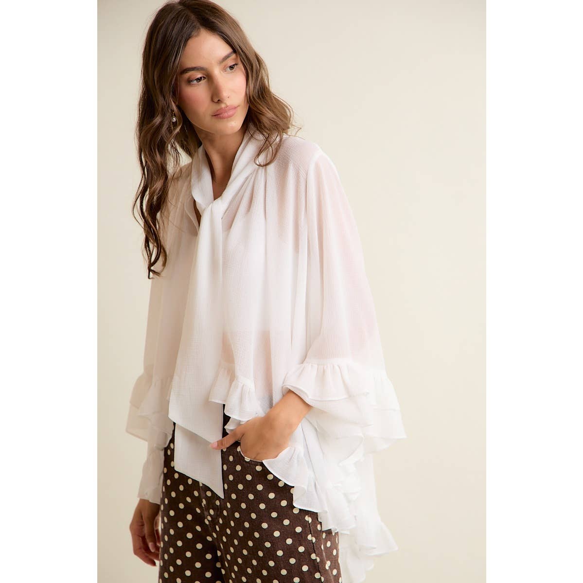SHEER RUFFLE BELL SLEEVES BOW TIE FLOWY BLOUSE TOP