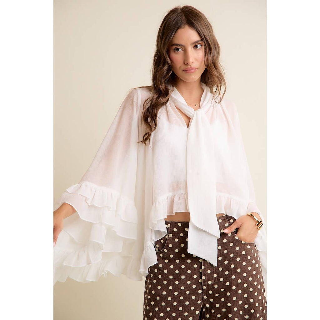 SHEER RUFFLE BELL SLEEVES BOW TIE FLOWY BLOUSE TOP