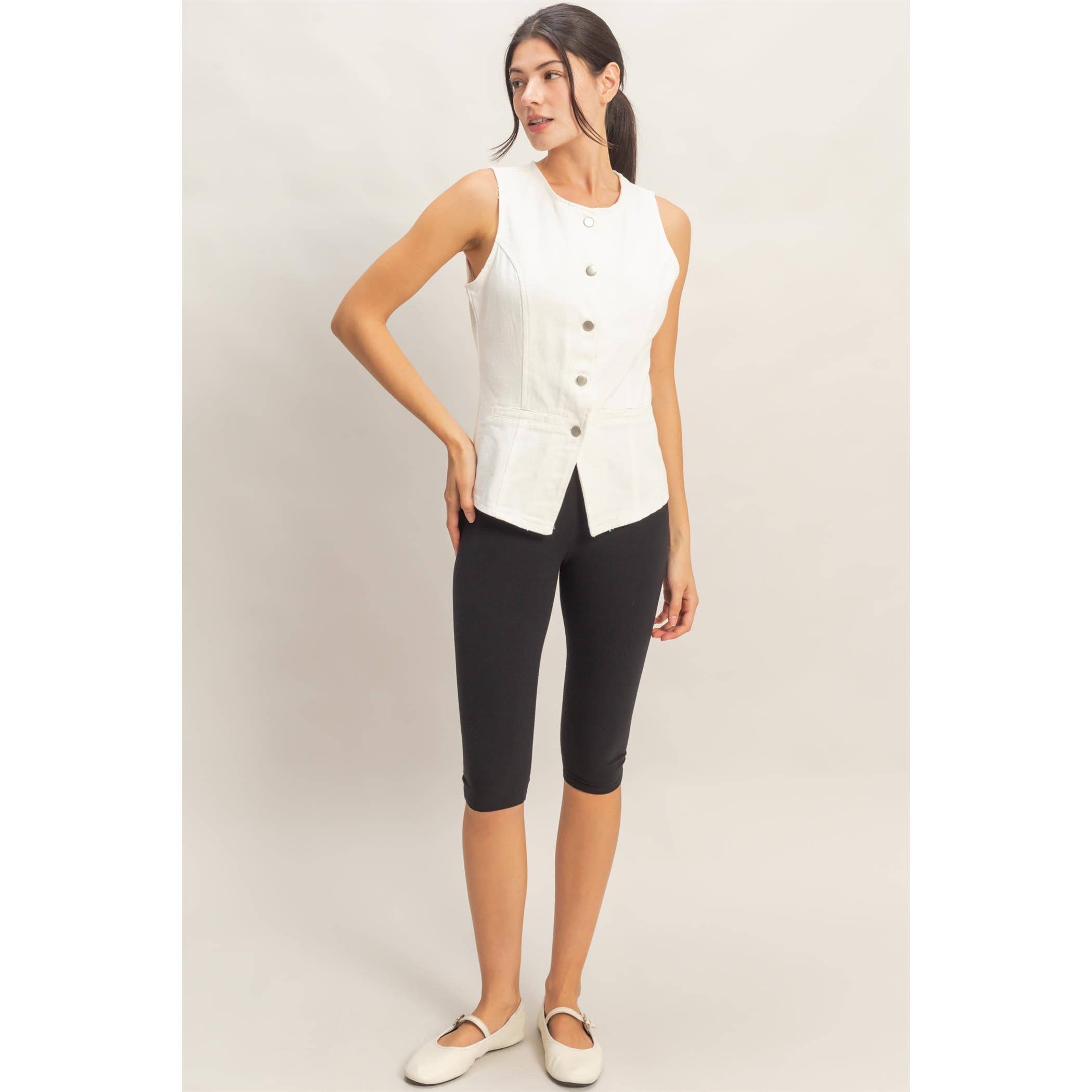 Button-Front Sleeveless Denim Vest