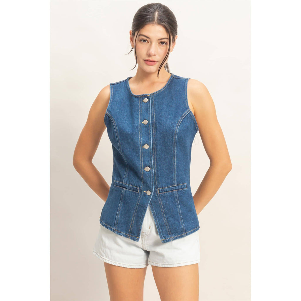 Button-Front Sleeveless Denim Vest