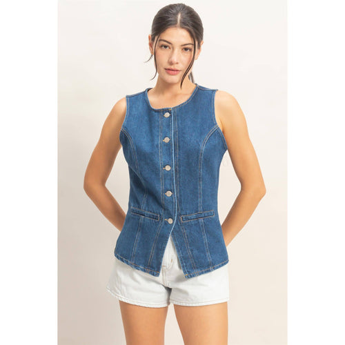 Button-Front Sleeveless Denim Vest