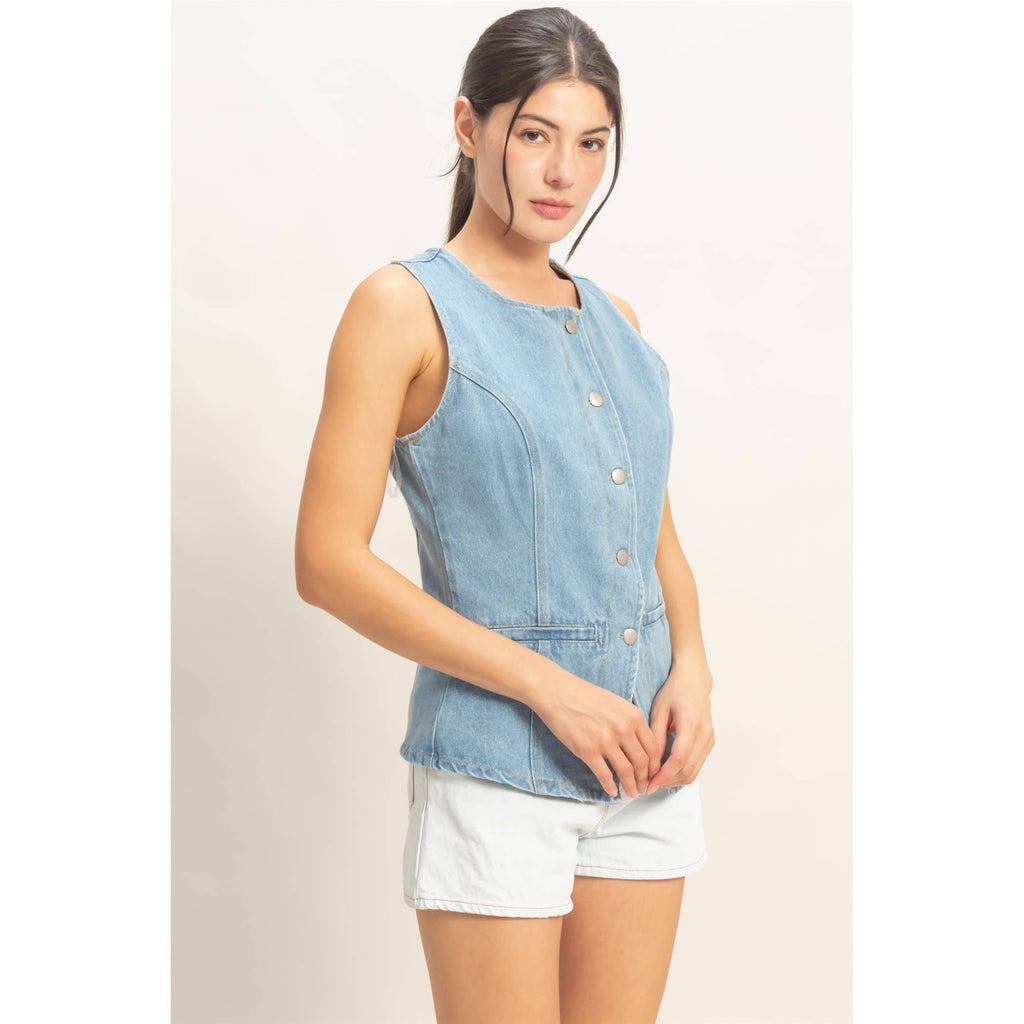 Button-Front Sleeveless Denim Vest