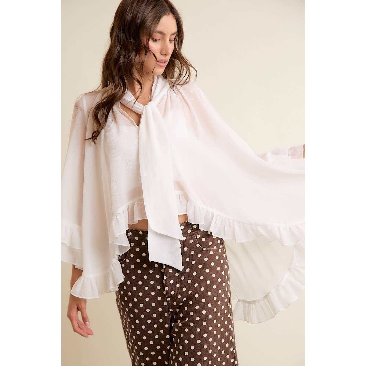SHEER RUFFLE BELL SLEEVES BOW TIE FLOWY BLOUSE TOP