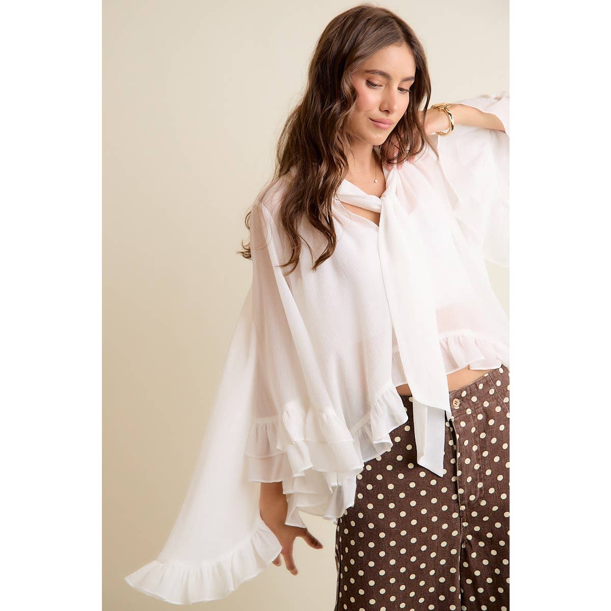 SHEER RUFFLE BELL SLEEVES BOW TIE FLOWY BLOUSE TOP