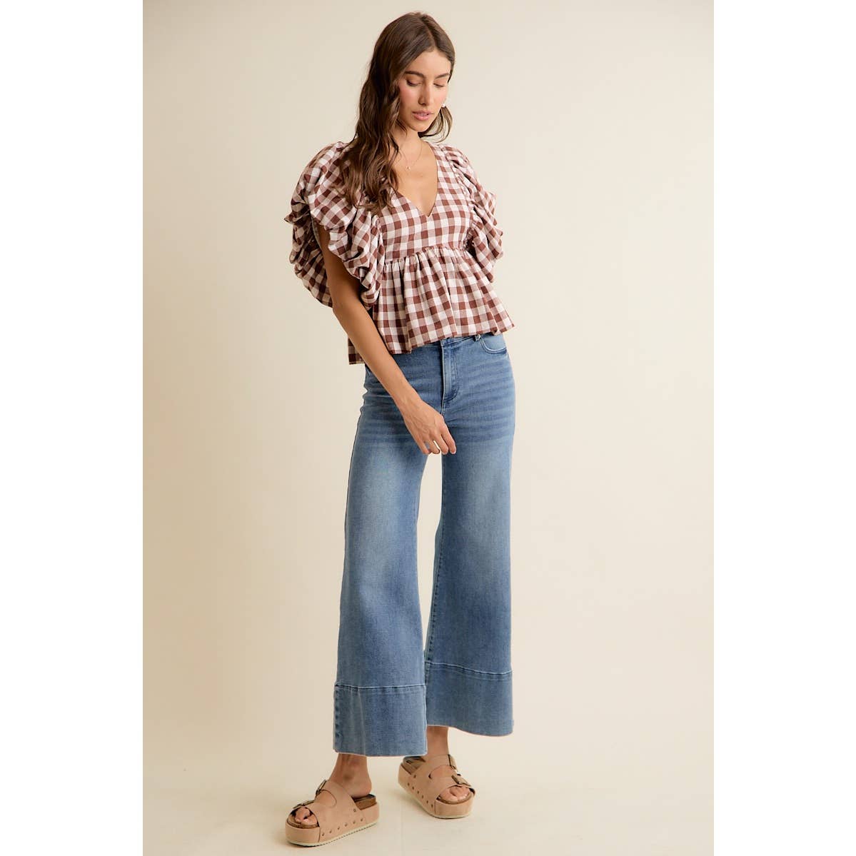 Gingham Bubble Sleeve Top