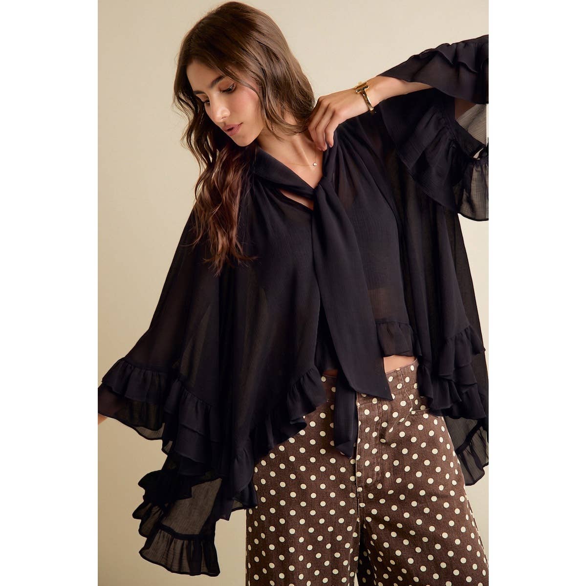 SHEER RUFFLE BELL SLEEVES BOW TIE FLOWY BLOUSE TOP