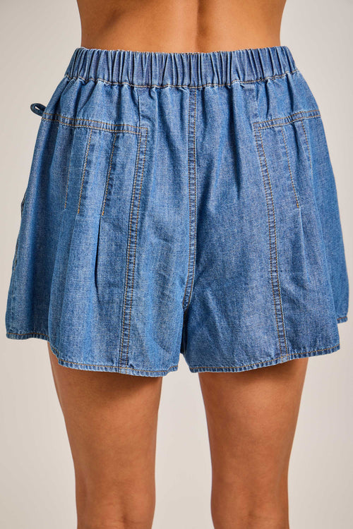 Denim Bow Pleated Shorts