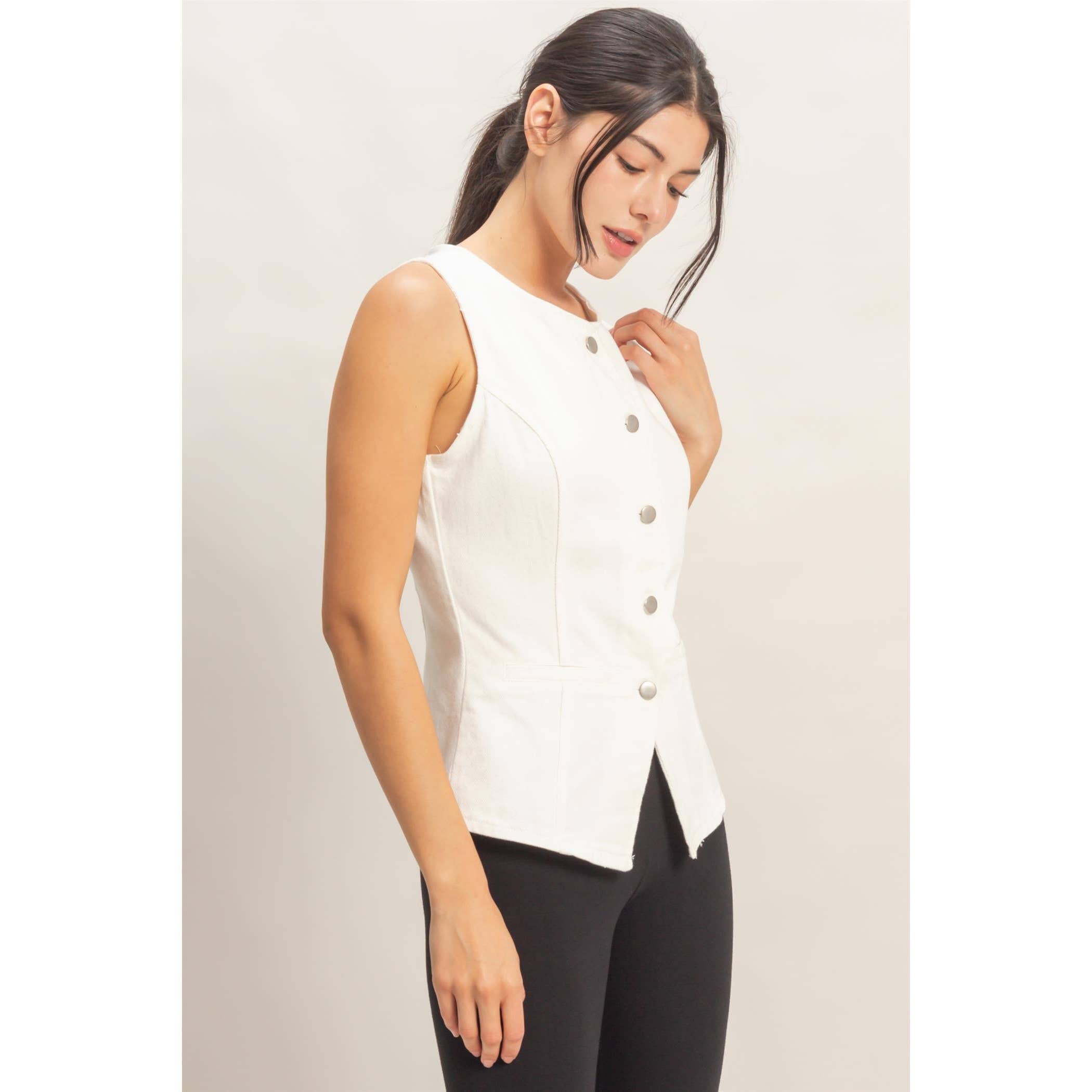 Button-Front Sleeveless Denim Vest