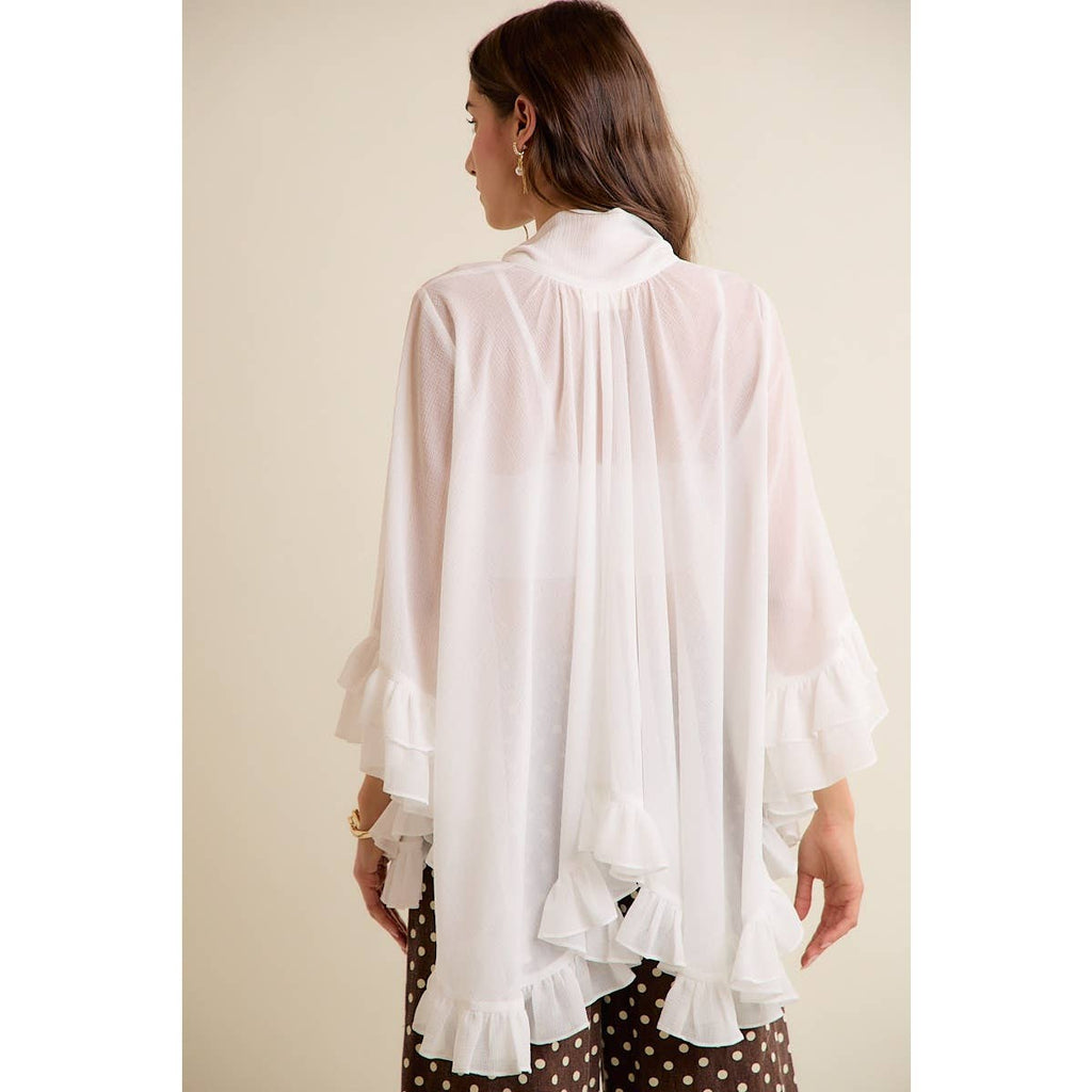 SHEER RUFFLE BELL SLEEVES BOW TIE FLOWY BLOUSE TOP