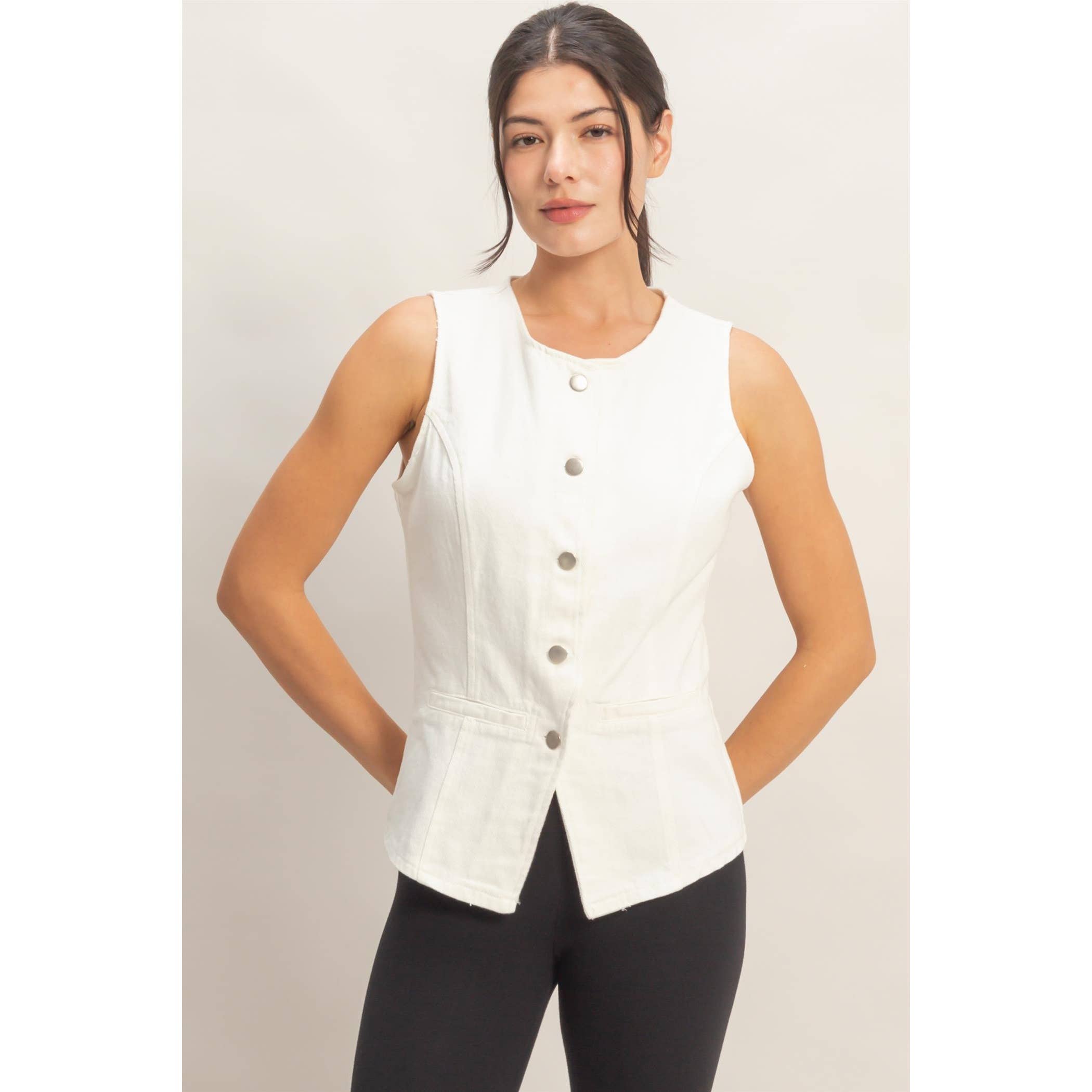 Button-Front Sleeveless Denim Vest