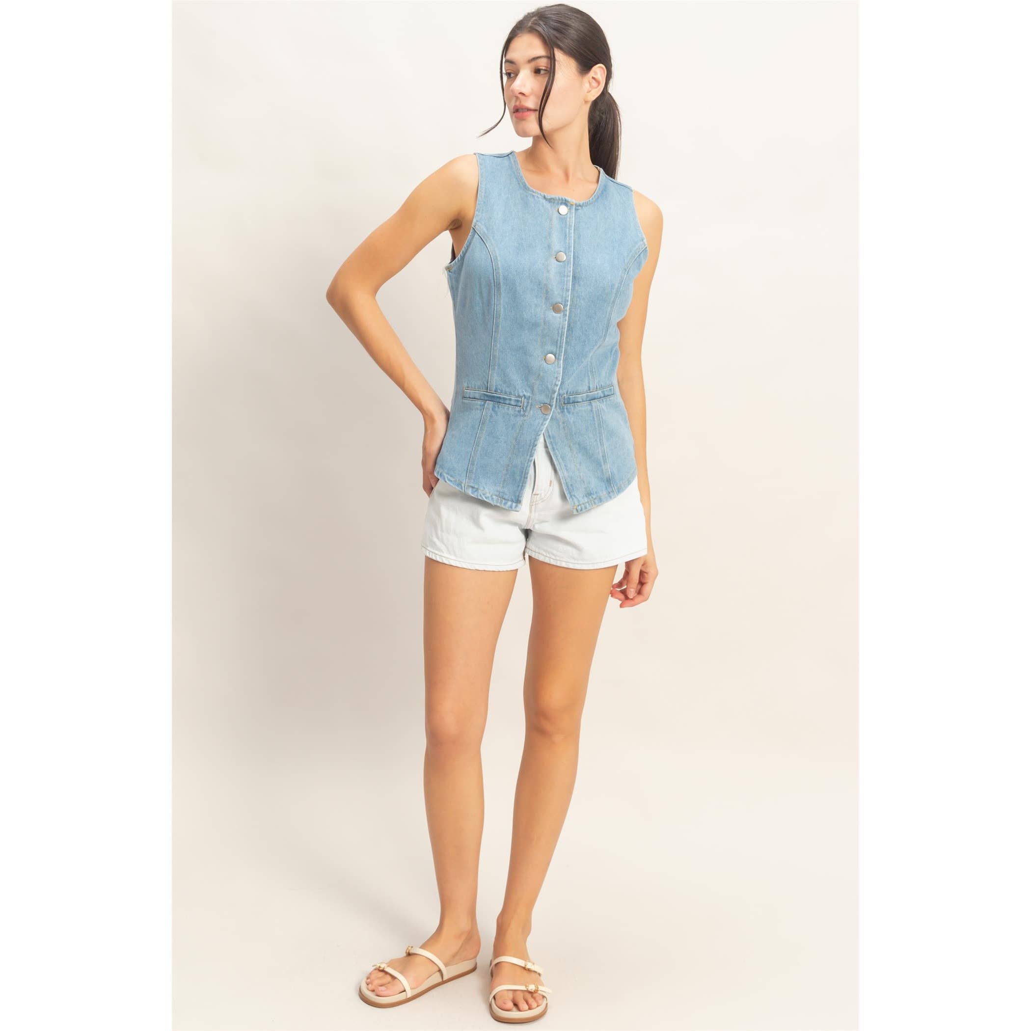 Button-Front Sleeveless Denim Vest