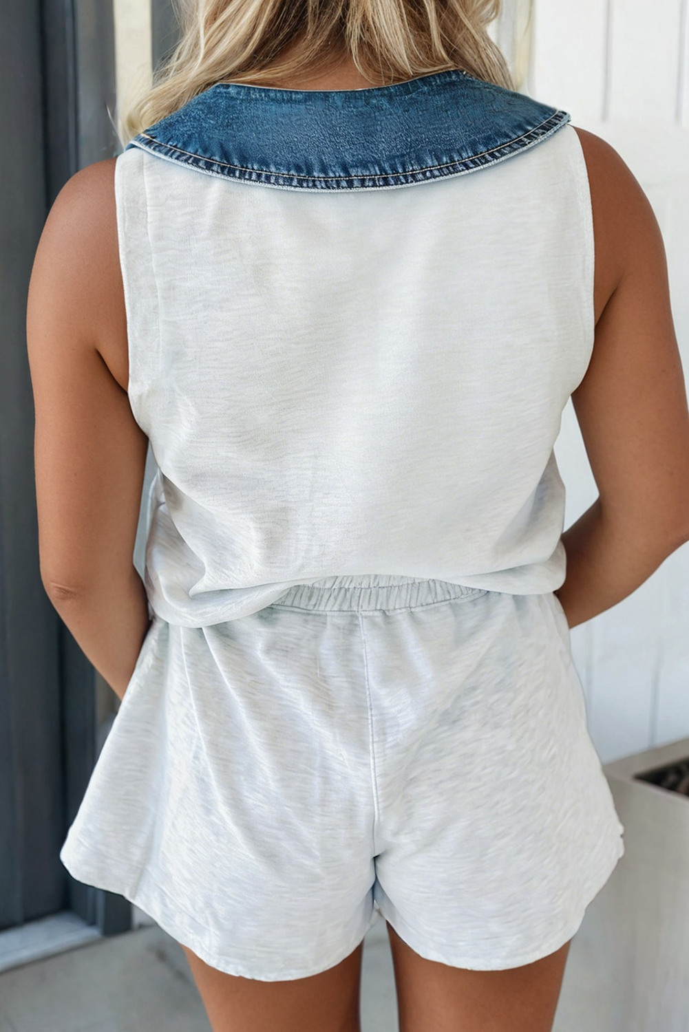 LAS Denim Patchwork Polo Elastic Waist Romper (S-XL): Light Grey / Missy / M