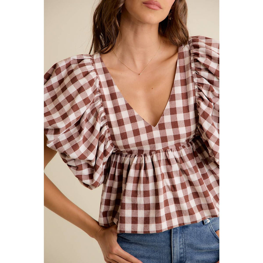 Gingham Bubble Sleeve Top