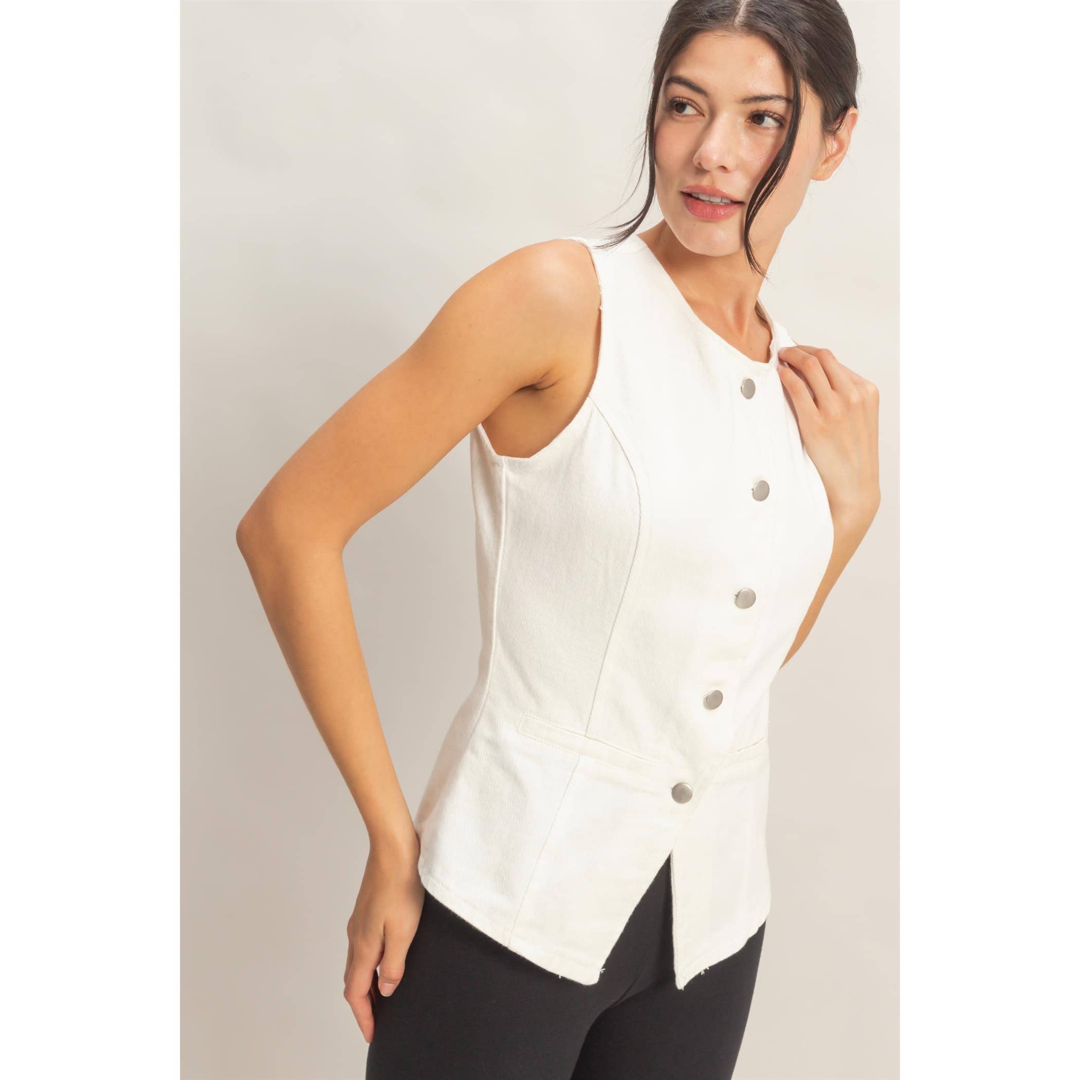 Button-Front Sleeveless Denim Vest