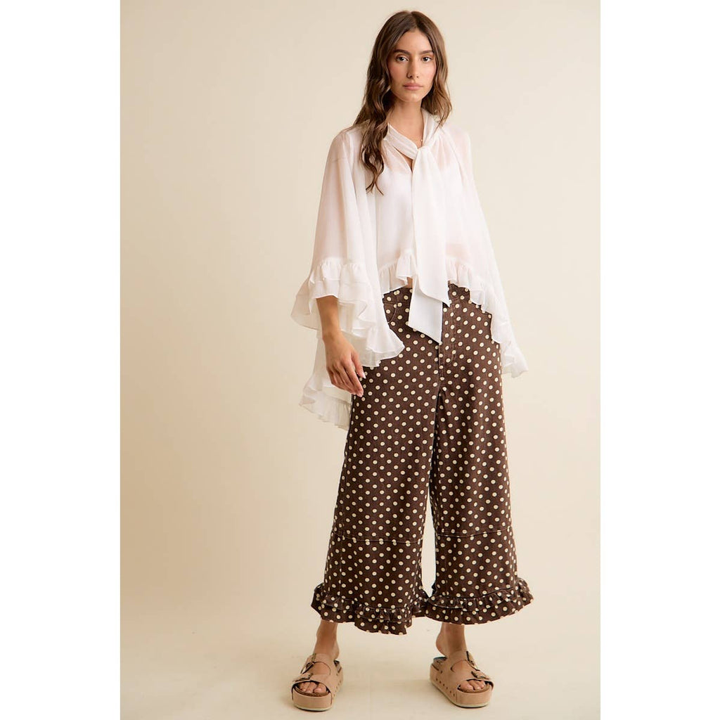 SHEER RUFFLE BELL SLEEVES BOW TIE FLOWY BLOUSE TOP