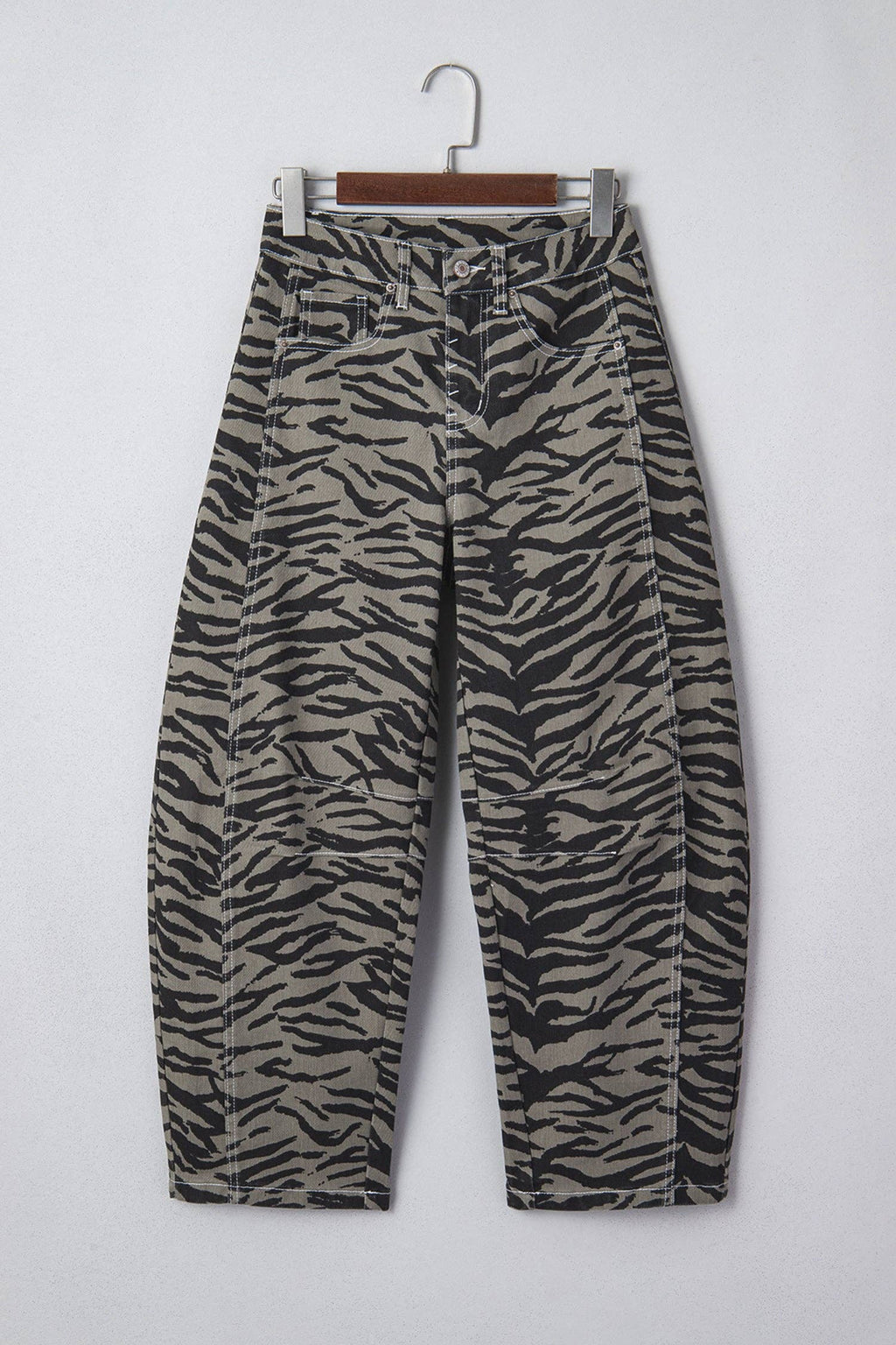 PRETTY BASH Zebra Stripe Denim Wide Barrel Leg Jeans: Gray / 8