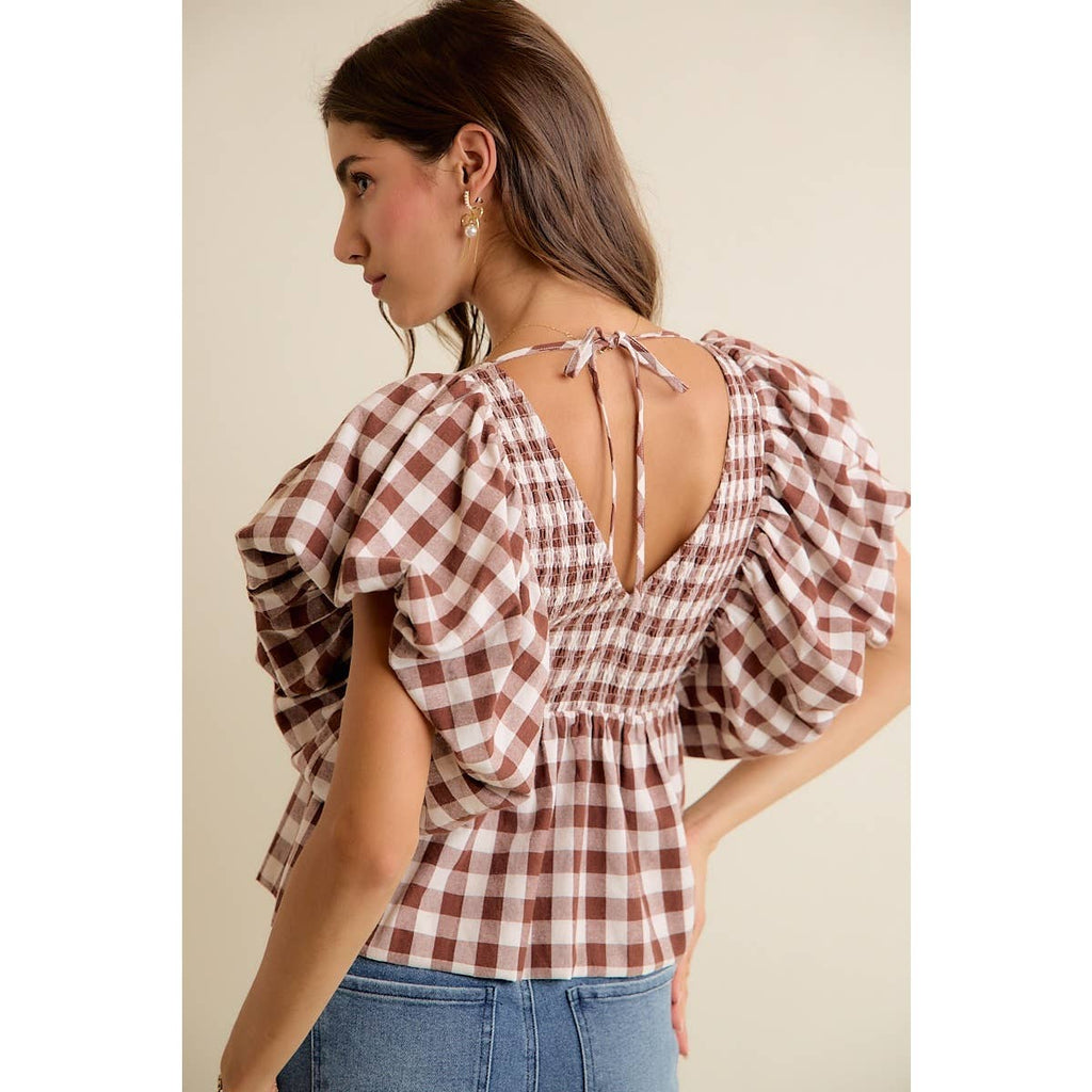 Gingham Bubble Sleeve Top