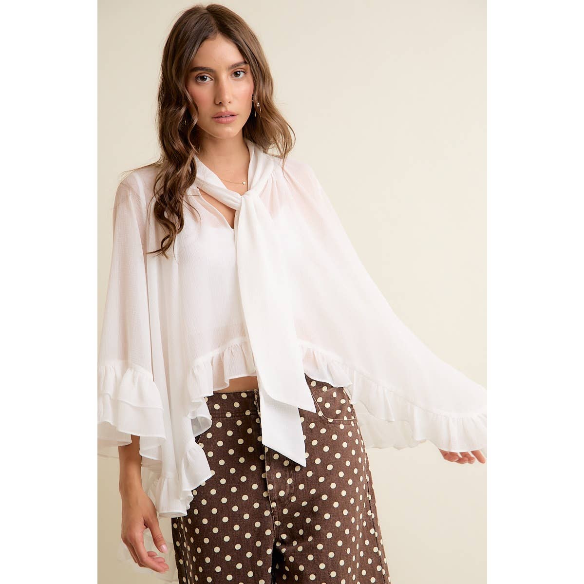 SHEER RUFFLE BELL SLEEVES BOW TIE FLOWY BLOUSE TOP