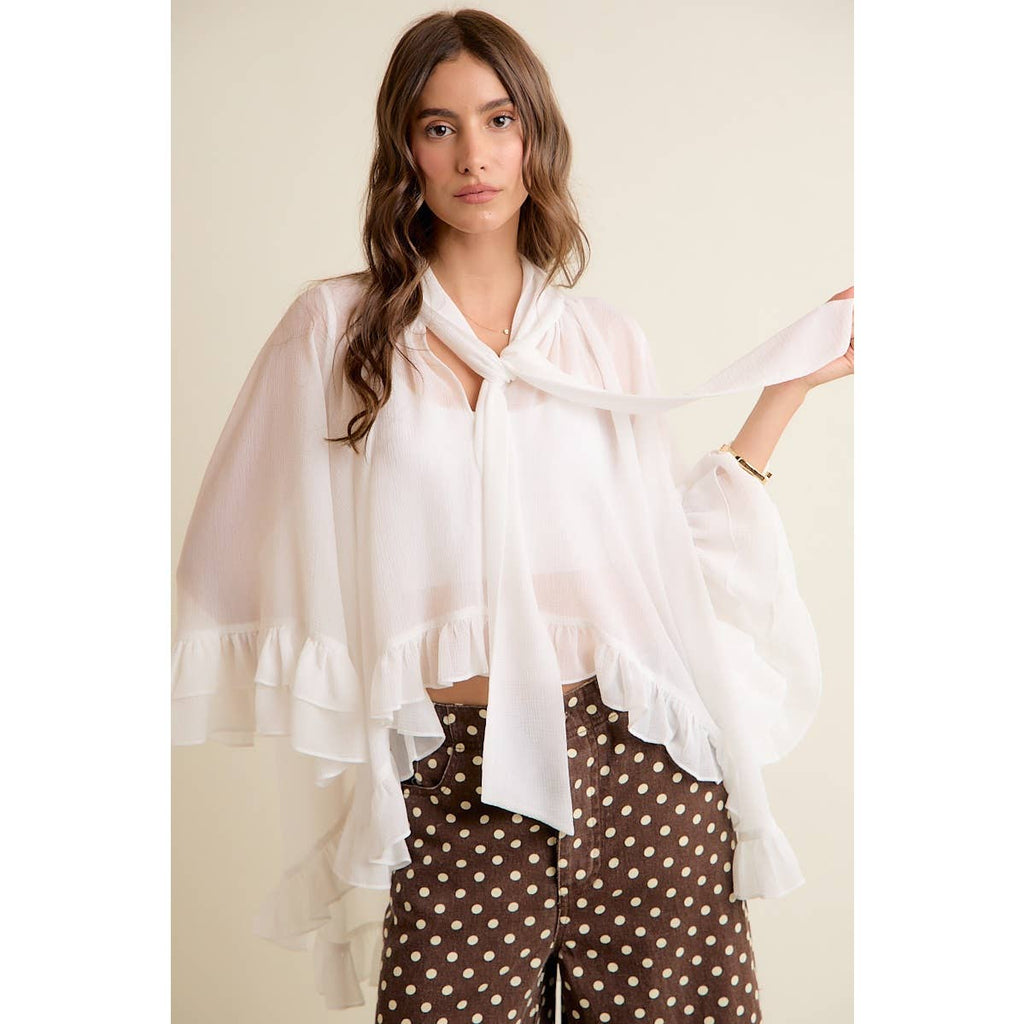 SHEER RUFFLE BELL SLEEVES BOW TIE FLOWY BLOUSE TOP