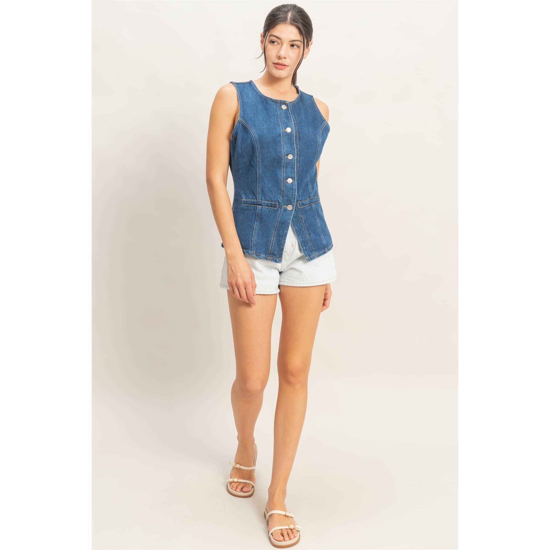 Button-Front Sleeveless Denim Vest