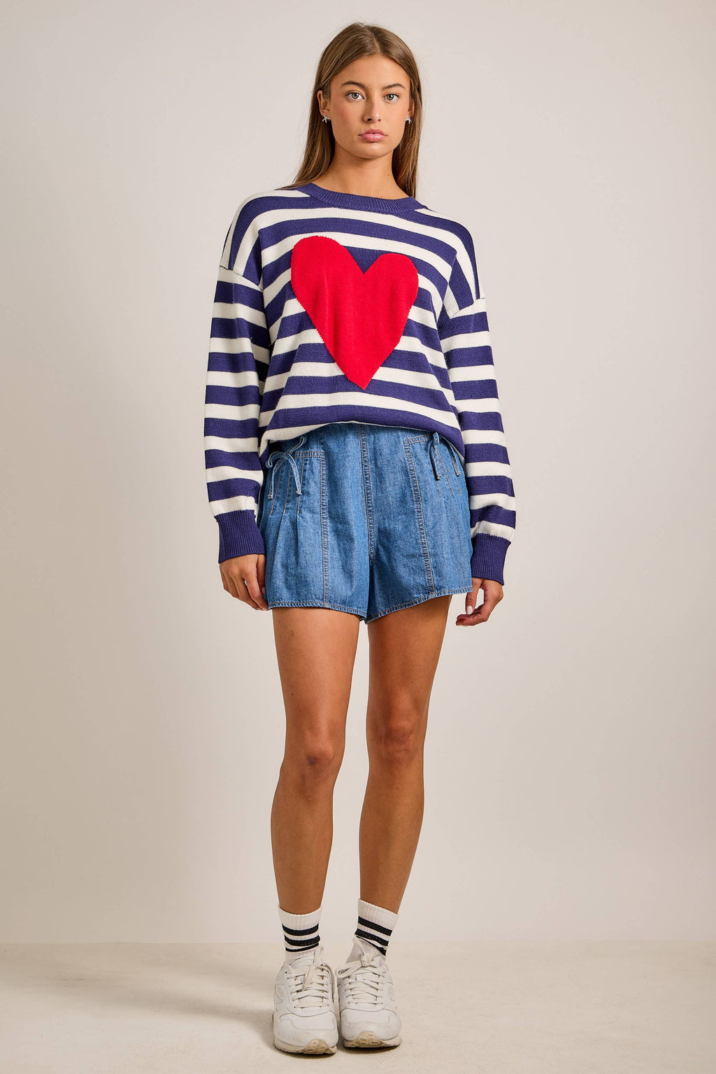 Denim Pleated Shorts with Bow Tie Detail: DENIM / L