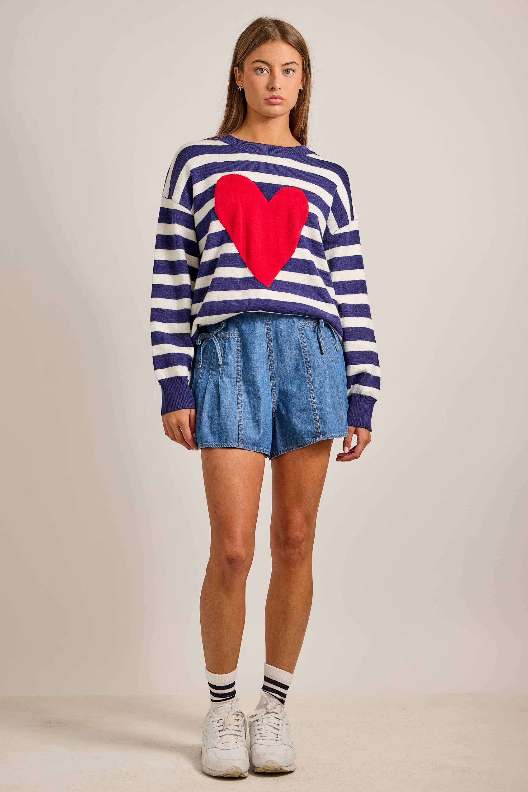 Denim Pleated Shorts with Bow Tie Detail: DENIM / S