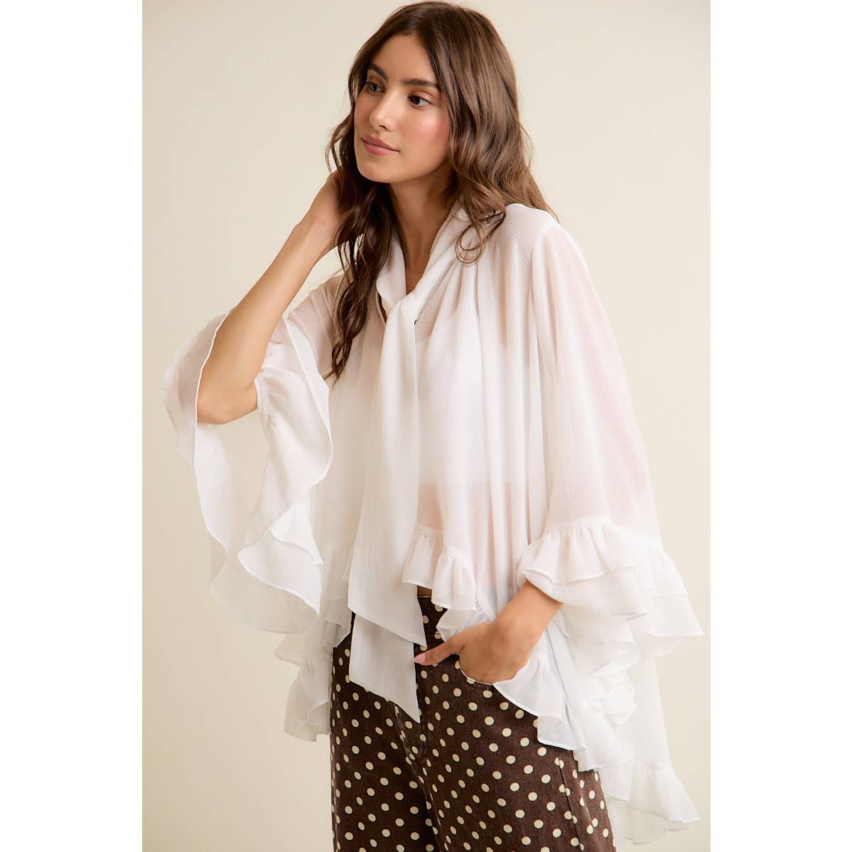 SHEER RUFFLE BELL SLEEVES BOW TIE FLOWY BLOUSE TOP