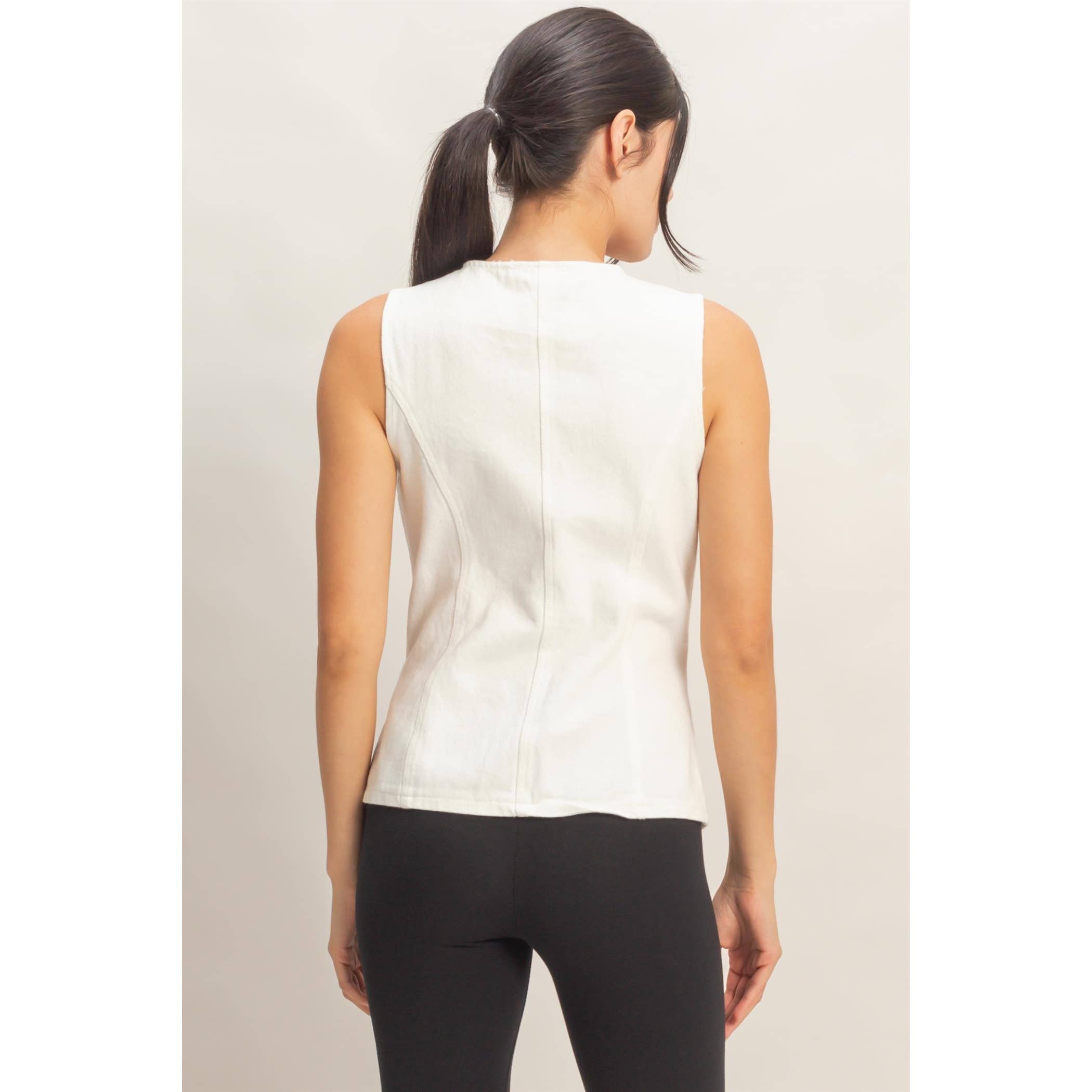 Button-Front Sleeveless Denim Vest