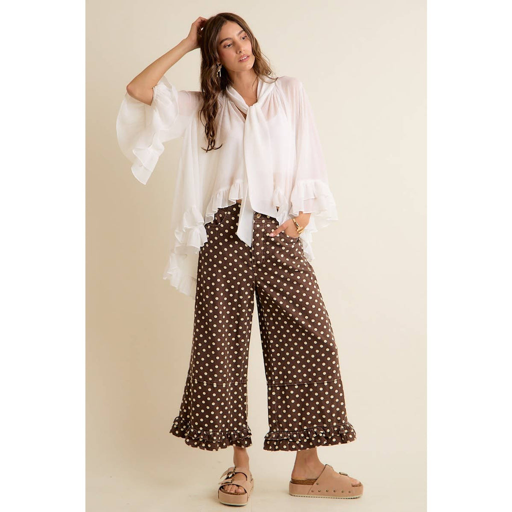 SHEER RUFFLE BELL SLEEVES BOW TIE FLOWY BLOUSE TOP