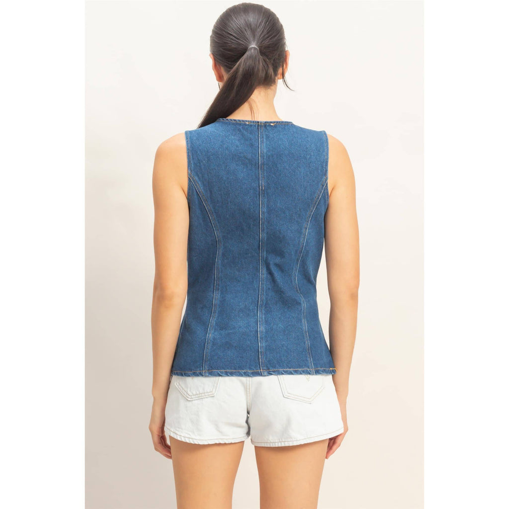 Button-Front Sleeveless Denim Vest