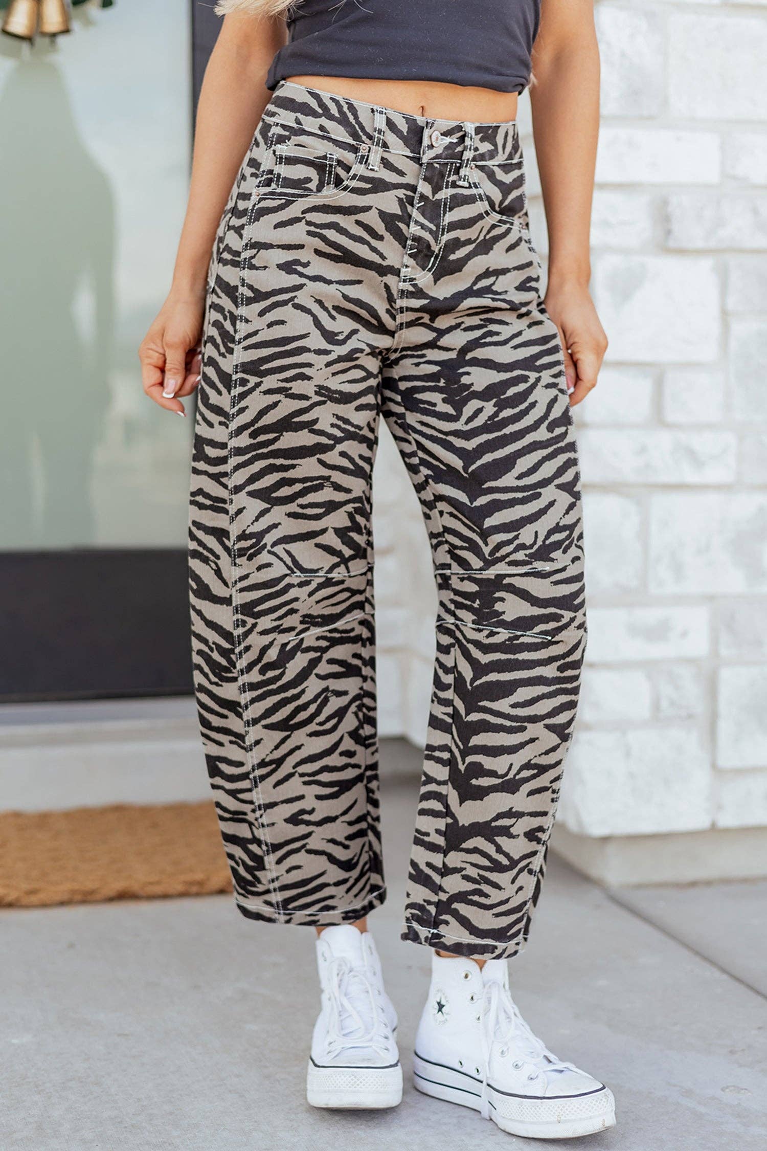 PRETTY BASH Zebra Stripe Denim Wide Barrel Leg Jeans: Gray / 12