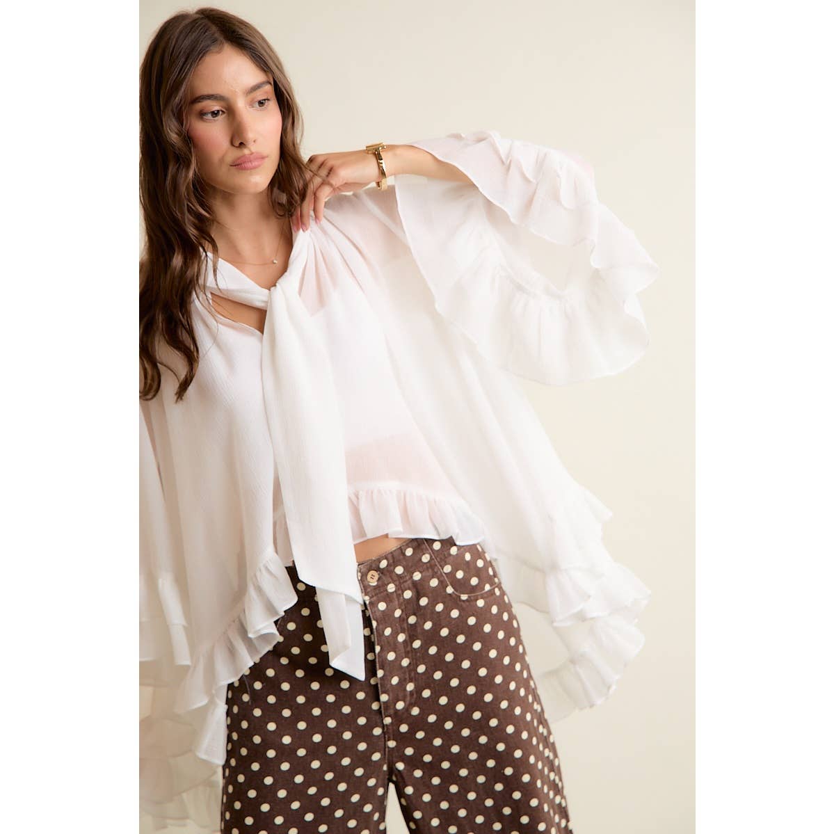 SHEER RUFFLE BELL SLEEVES BOW TIE FLOWY BLOUSE TOP