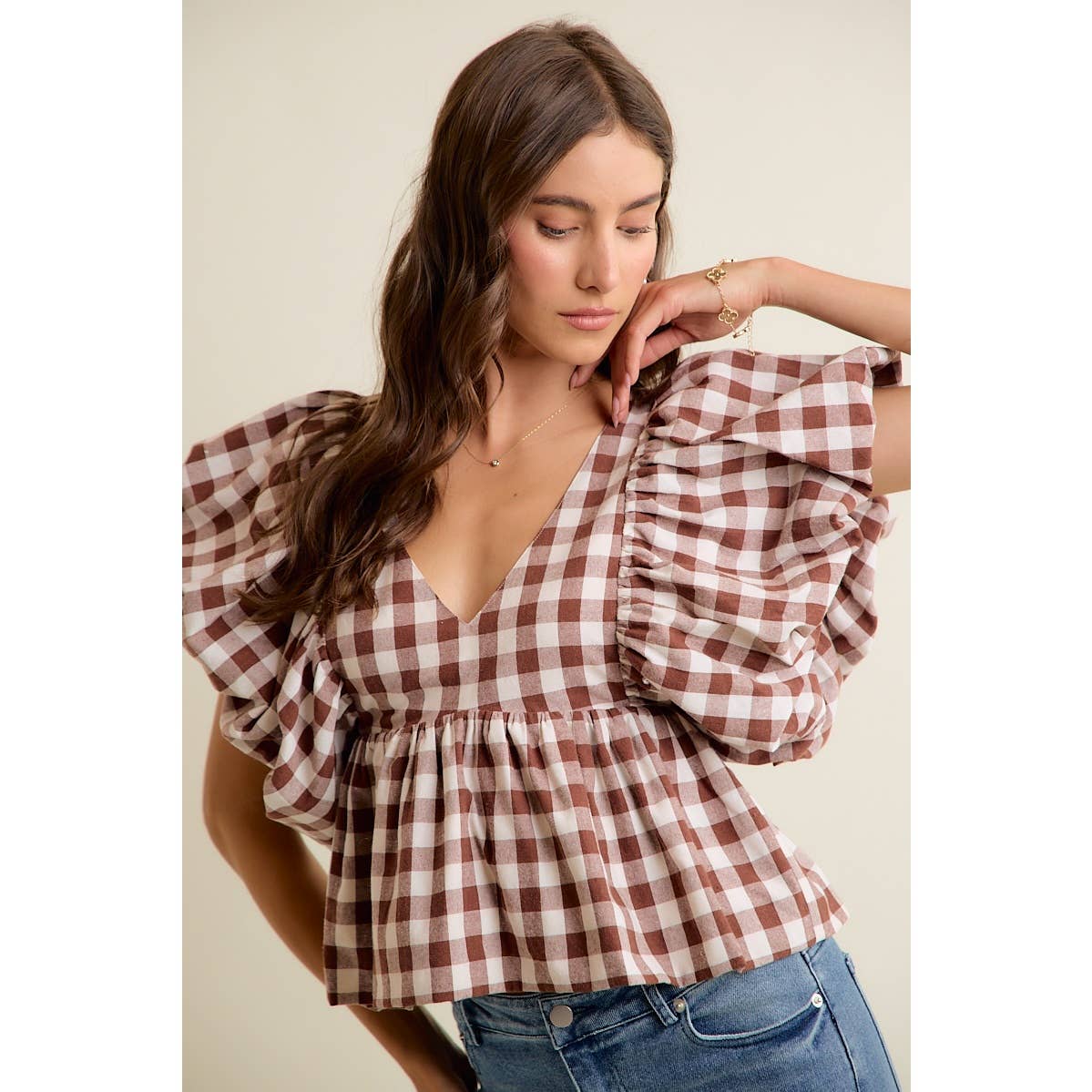 Gingham Bubble Sleeve Top