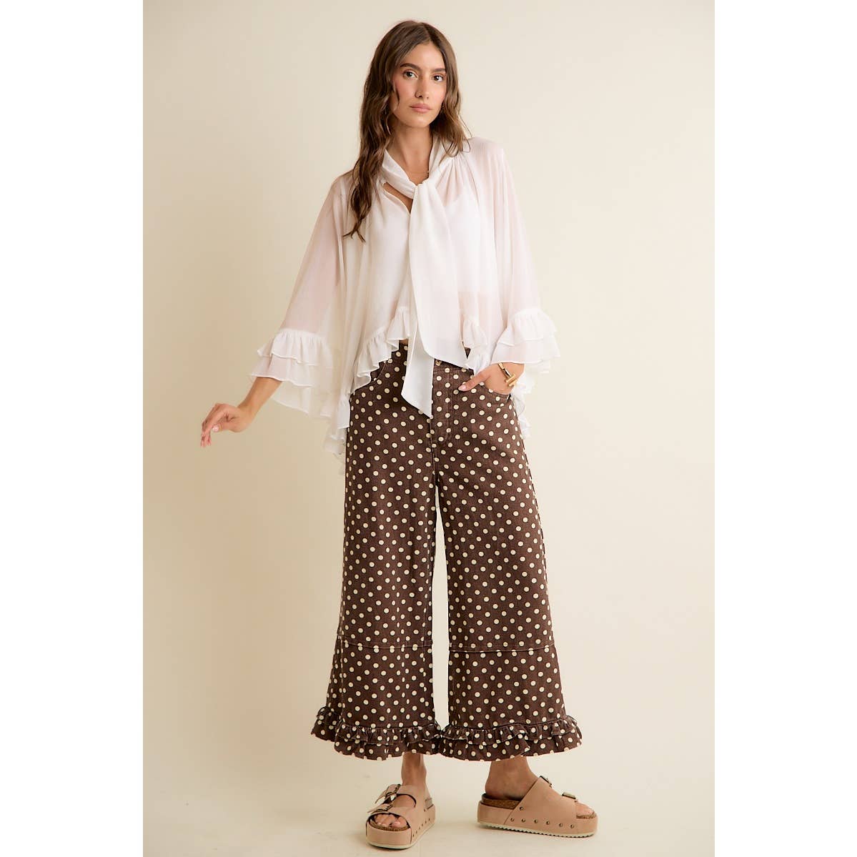 SHEER RUFFLE BELL SLEEVES BOW TIE FLOWY BLOUSE TOP