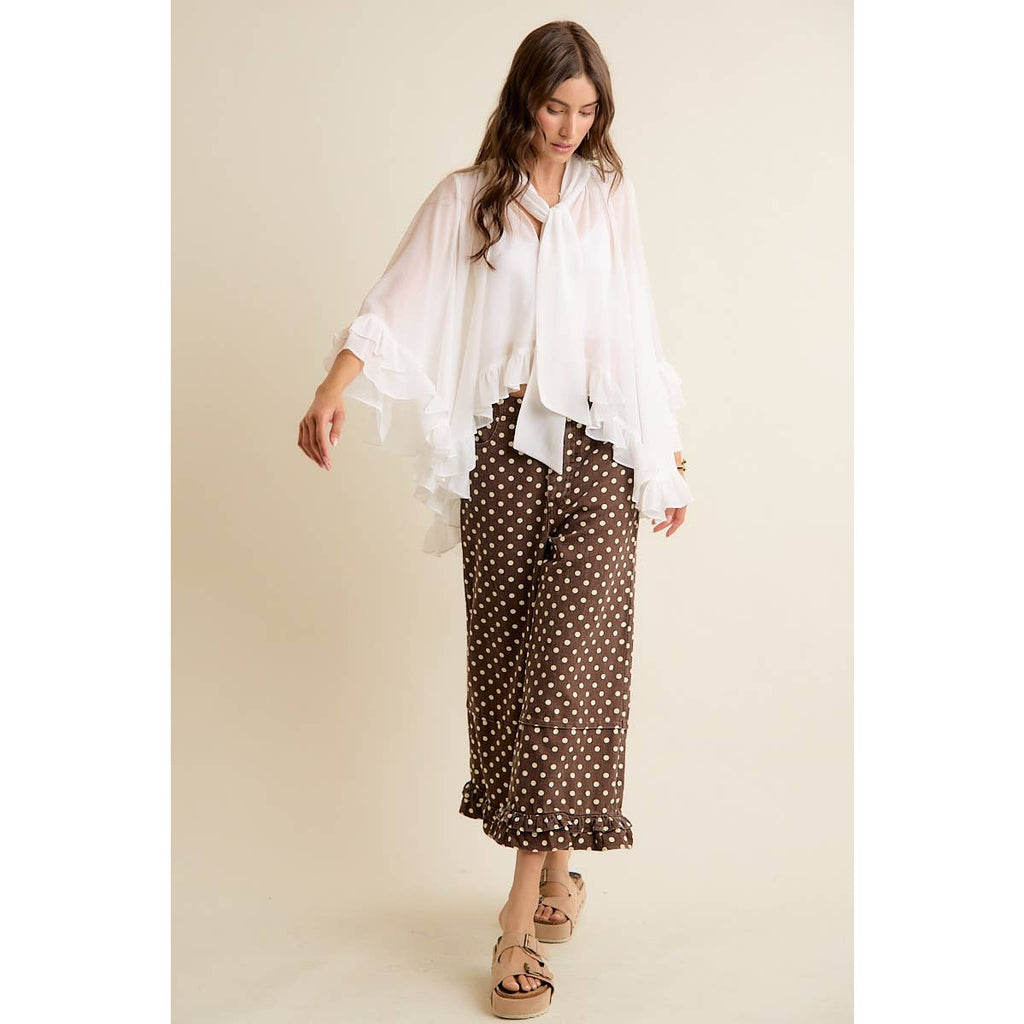 SHEER RUFFLE BELL SLEEVES BOW TIE FLOWY BLOUSE TOP