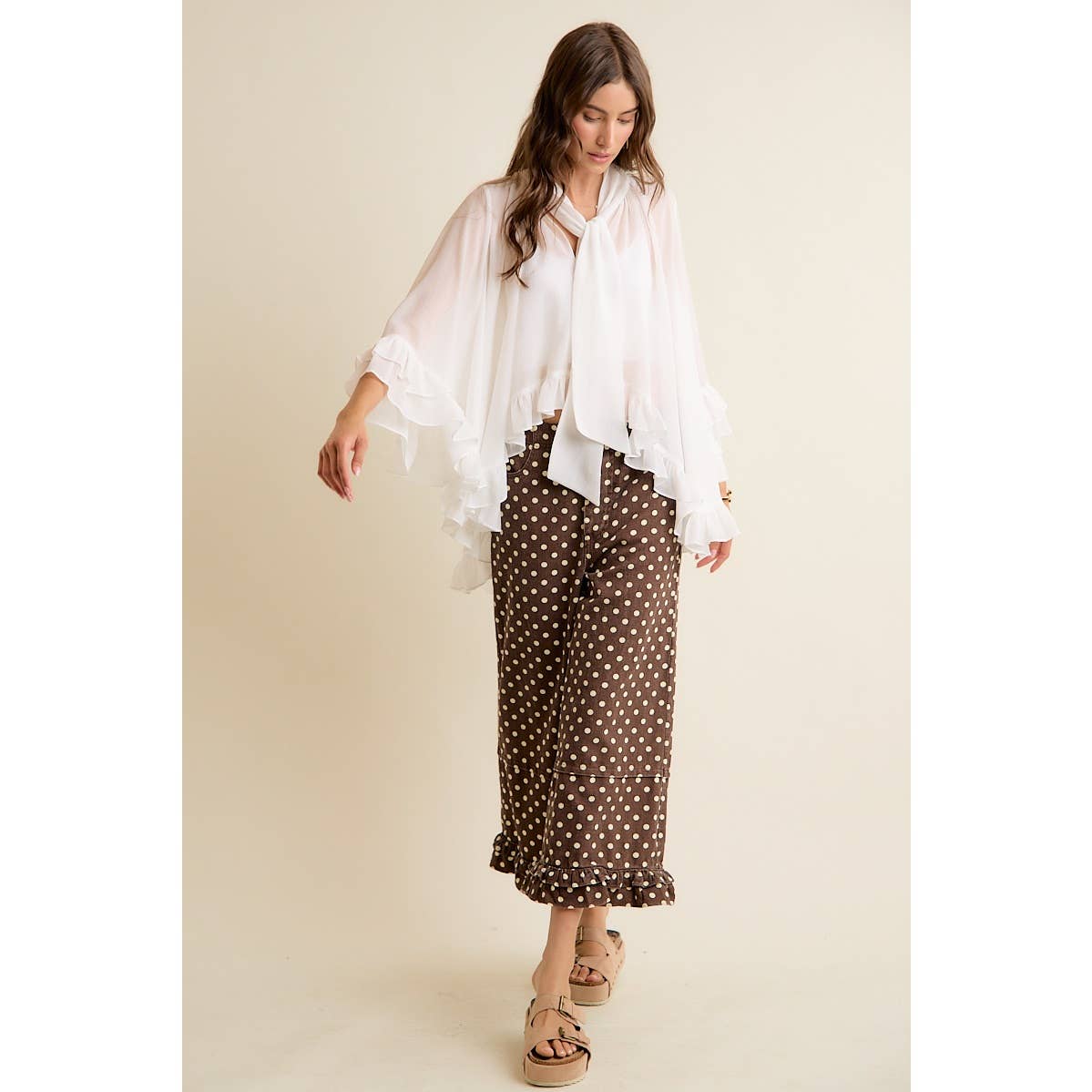 SHEER RUFFLE BELL SLEEVES BOW TIE FLOWY BLOUSE TOP