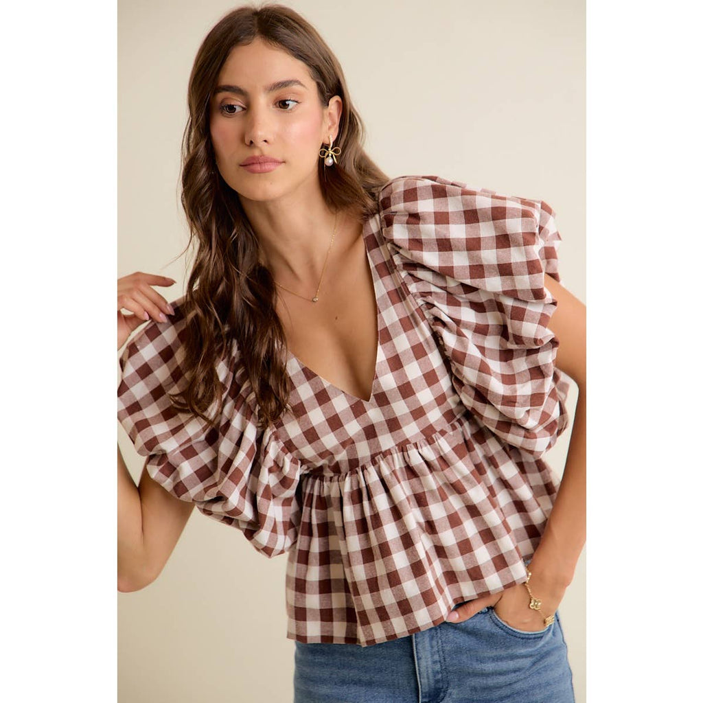 Gingham Bubble Sleeve Top