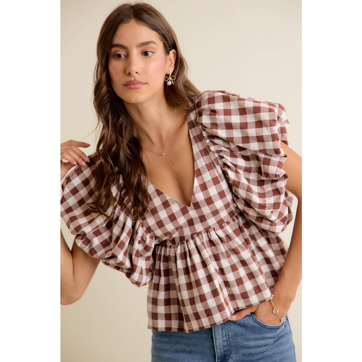 Gingham Bubble Sleeve Top