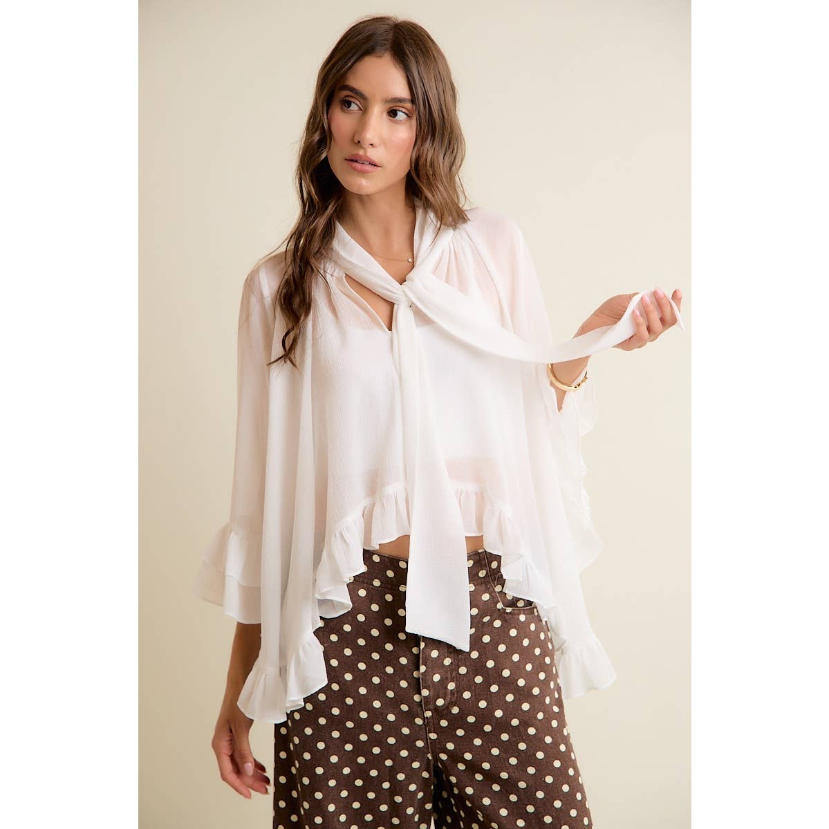 SHEER RUFFLE BELL SLEEVES BOW TIE FLOWY BLOUSE TOP