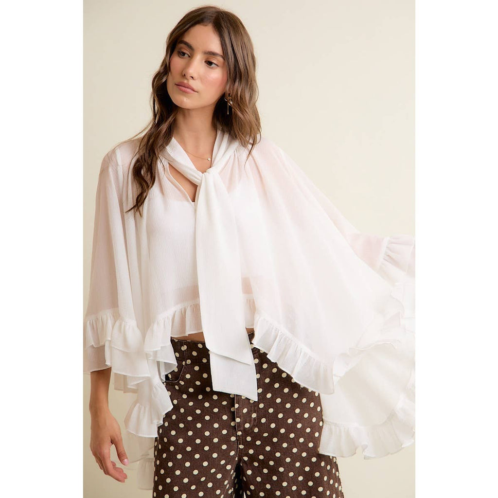 SHEER RUFFLE BELL SLEEVES BOW TIE FLOWY BLOUSE TOP