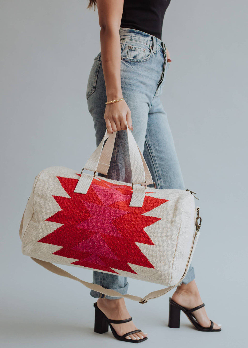 Cream, Red & Pink Aztec Duffel
