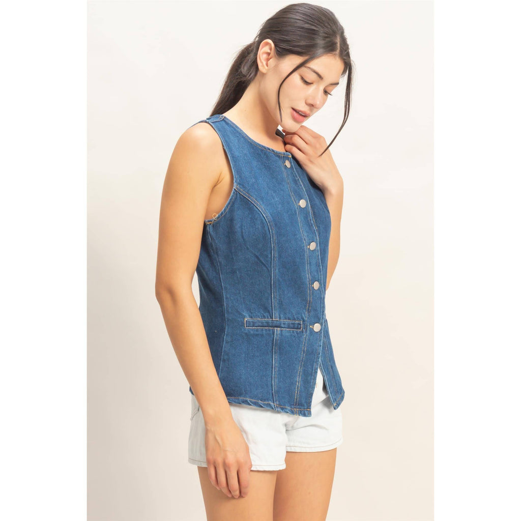 Button-Front Sleeveless Denim Vest