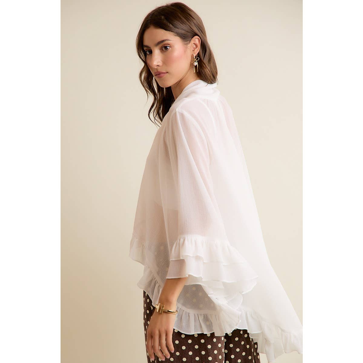 SHEER RUFFLE BELL SLEEVES BOW TIE FLOWY BLOUSE TOP
